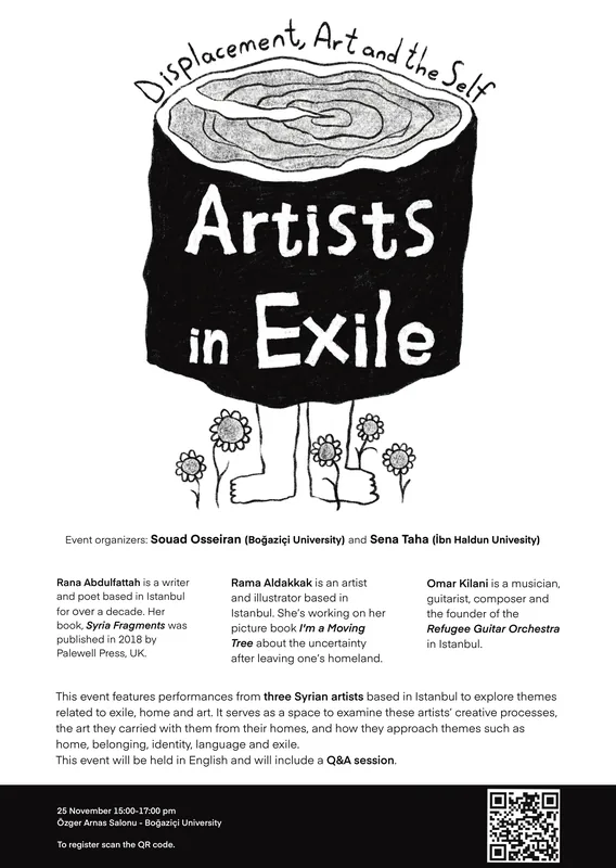 Black-and-white poster for the Artists in Exile symposium, with the event name lettered into a walking tree