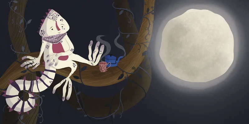 Picture-book spread of Badriyyah the lizard in her magical world