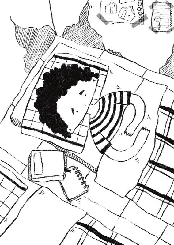 Ink illustration of Jaber asleep under a plaid blanket, drawings pinned to the wall above him