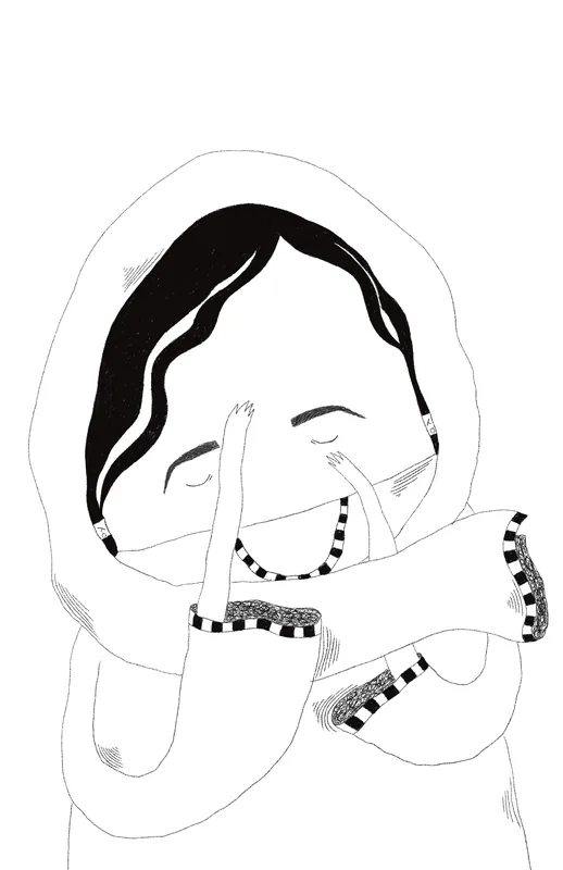 Black-and-white ink illustration of a woman holding a finger to her lips