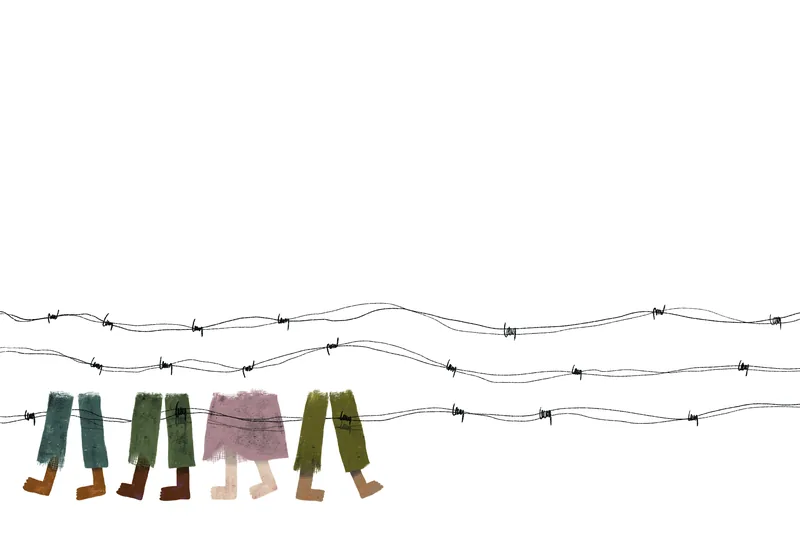 Book cover — the legs of three adults and one child stopped at lines of barbed wire