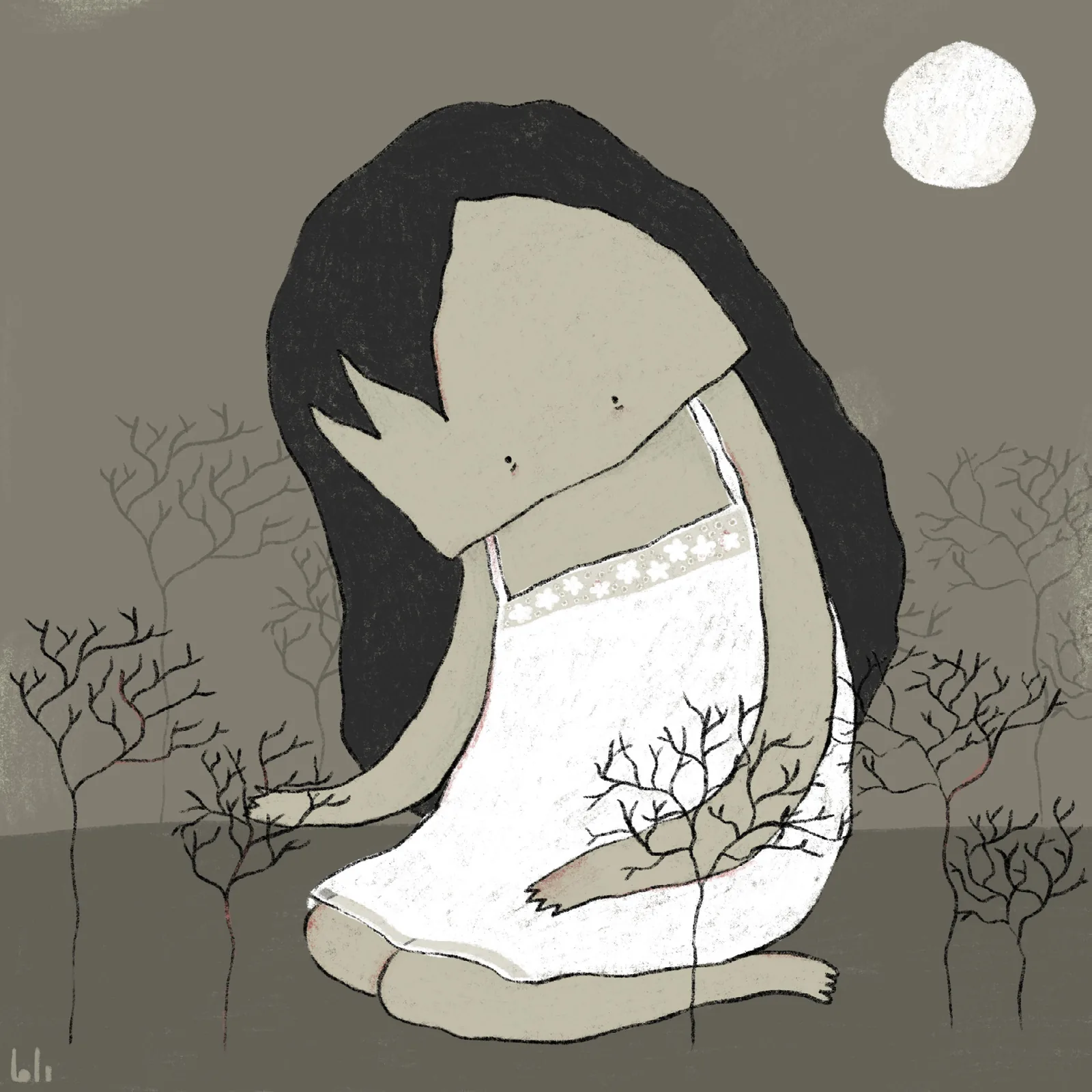 Green Portraits, portrait 1 — an illustration on loneliness and alienation in muted greens and greys