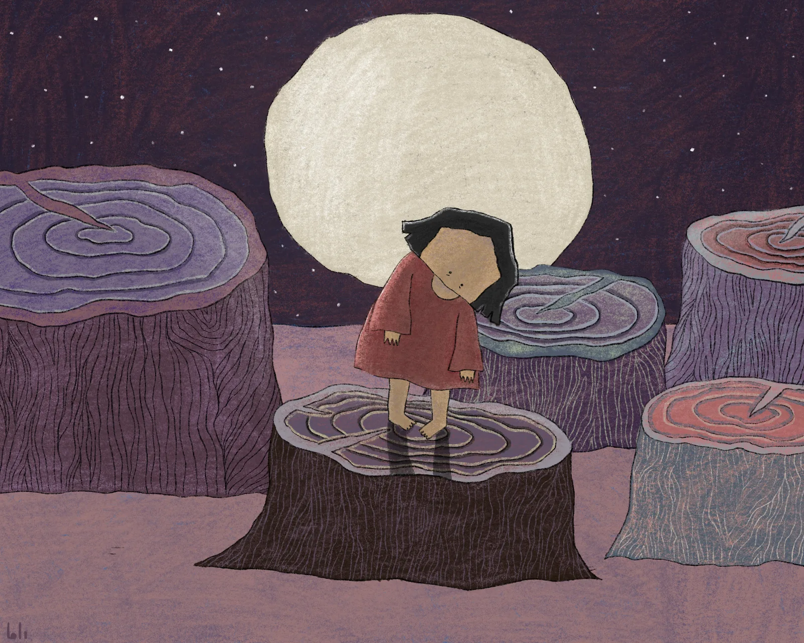 Harvest Moon — final painting of a girl among tree stumps under a huge moon