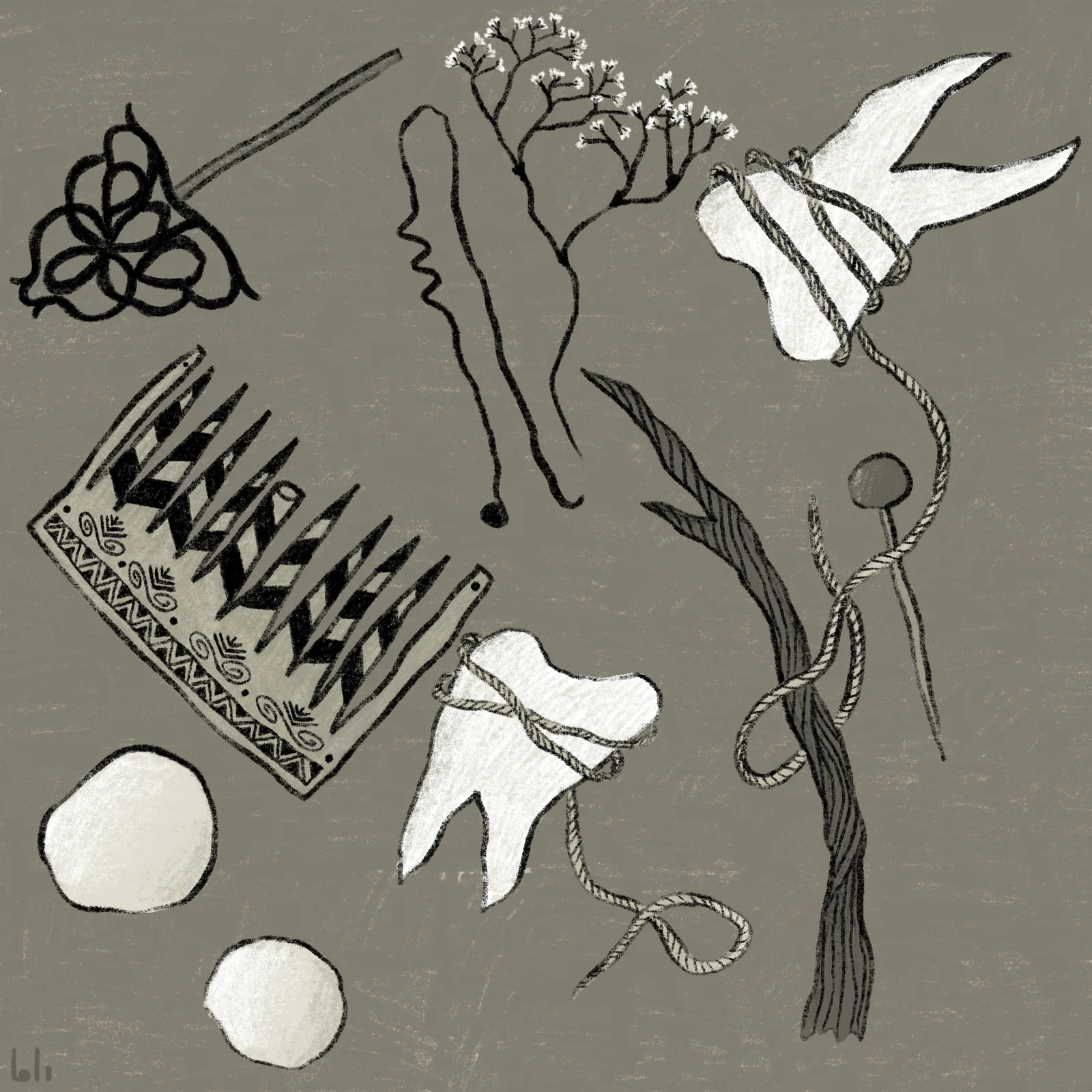 Still-life of small objects in the series' muted palette
